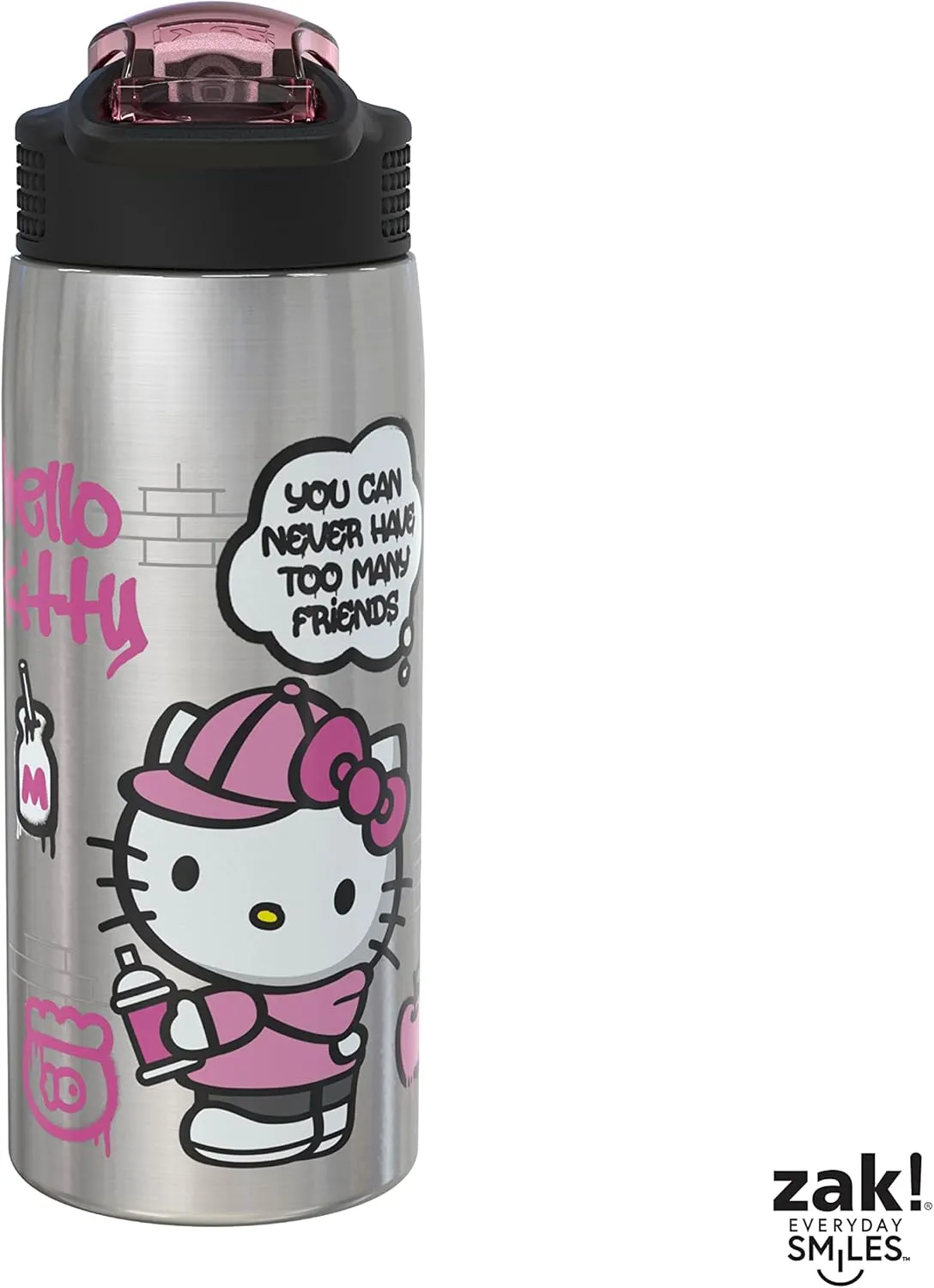 Zak Designs Sanrio Water Bottle for Travel and At Home, 19 oz Vacuum Insulated Stainless Steel with Locking Spout Cover, Built-In Carrying Loop, Leak-Proof Design (Hello Kitty)