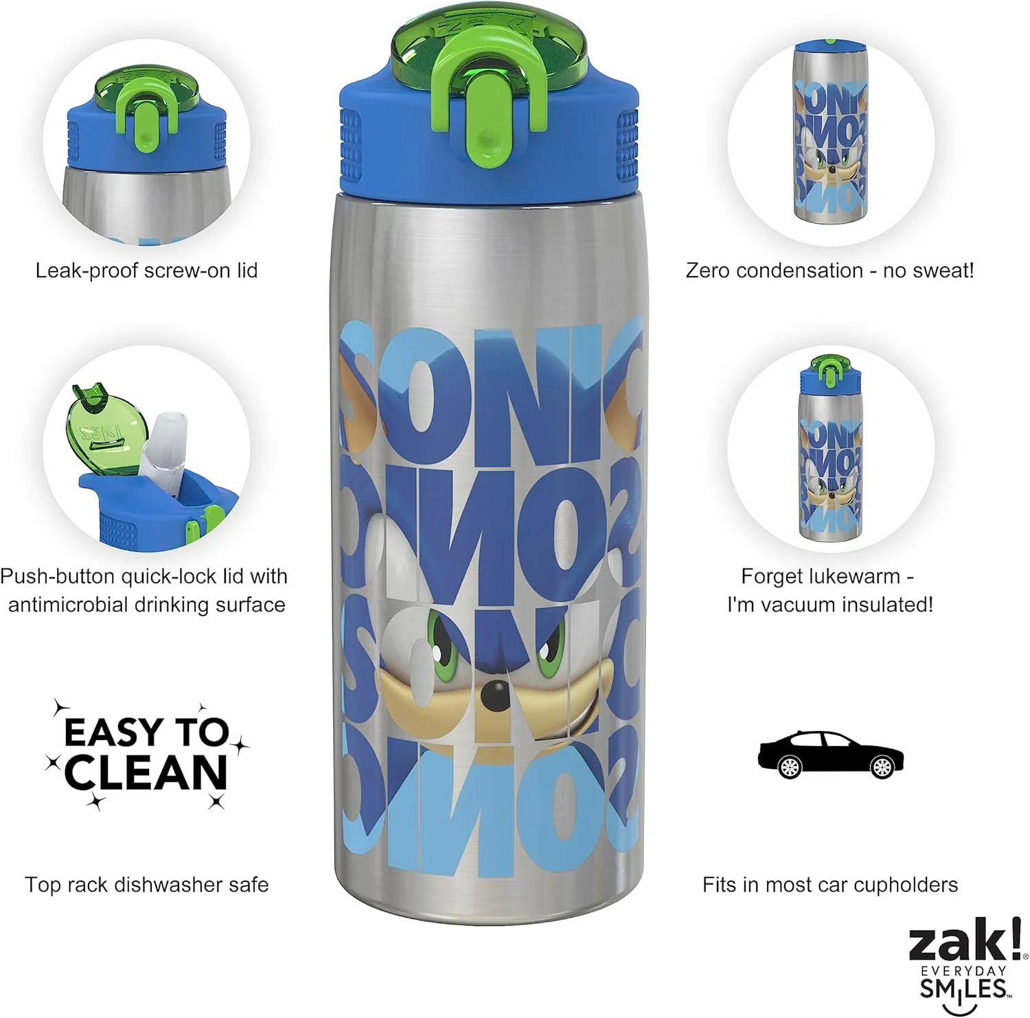 Zak Designs Sonic the Hedgehog Water Bottle for Travel and At Home, 19 oz Vacuum Insulated Stainless Steel with Locking Spout Cover, Built-In Carrying Loop, Leak-Proof Design (Sonic)