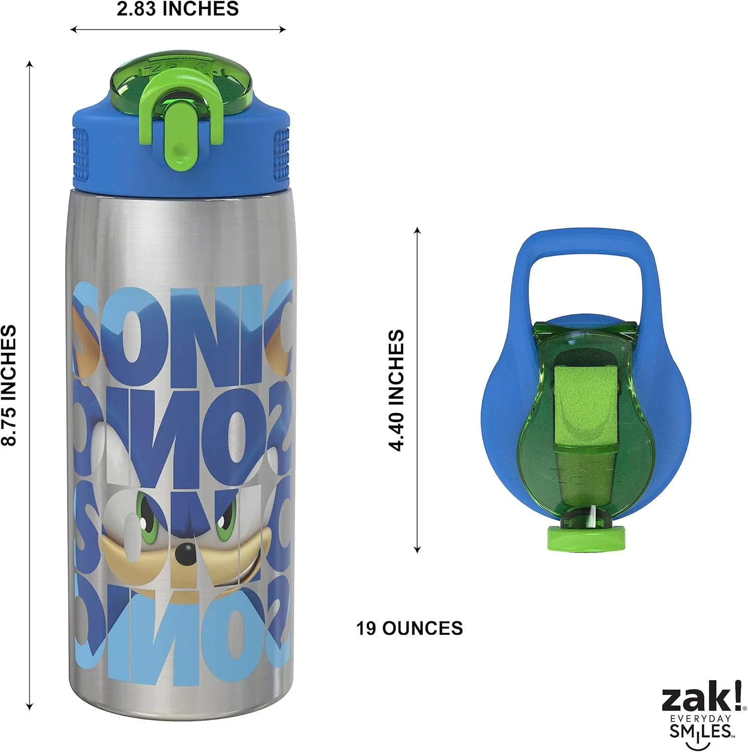 Zak Designs Sonic the Hedgehog Water Bottle for Travel and At Home, 19 oz Vacuum Insulated Stainless Steel with Locking Spout Cover, Built-In Carrying Loop, Leak-Proof Design (Sonic)