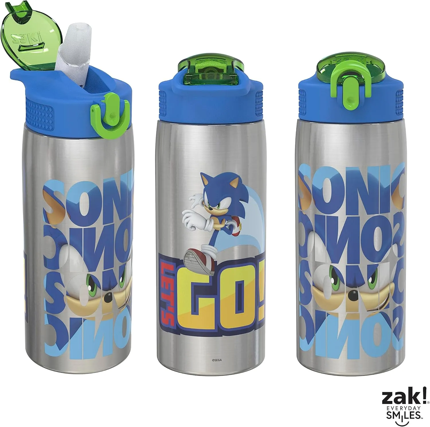 Zak Designs Sonic the Hedgehog Water Bottle for Travel and At Home, 19 oz Vacuum Insulated Stainless Steel with Locking Spout Cover, Built-In Carrying Loop, Leak-Proof Design (Sonic)
