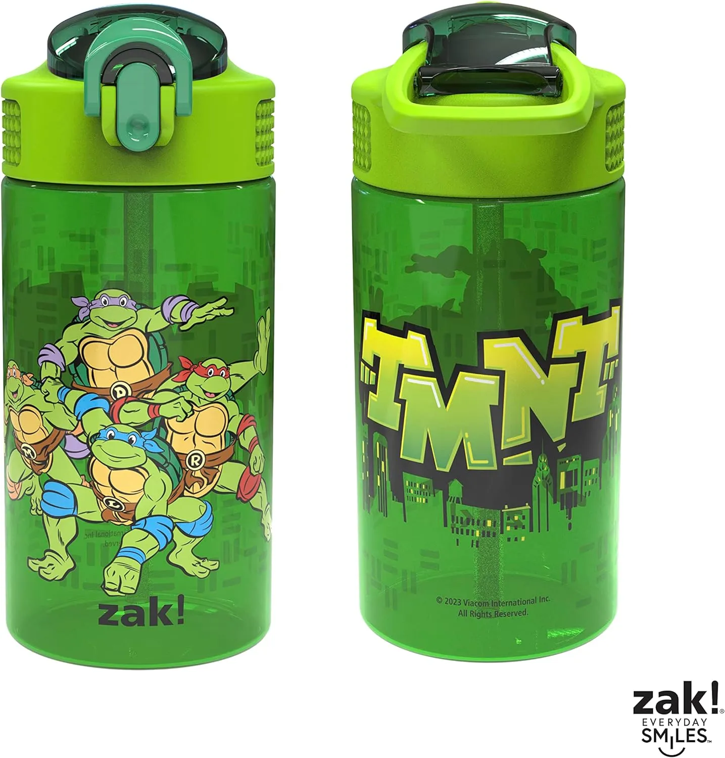 Zak Designs Teenage Mutant Ninja Turtles Kids Water Bottle For School or Travel, 16oz 2 Count (Pack of 1) Durable Plastic Water Bottle With Straw, Handle, and Leak-Proof, Pop-Up Spout Cover (TMNT)