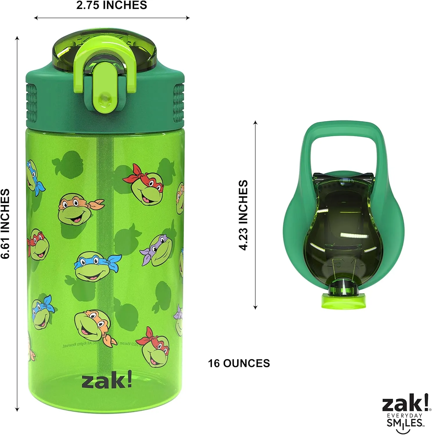Zak Designs Teenage Mutant Ninja Turtles Kids Water Bottle For School or Travel, 16oz 2 Count (Pack of 1) Durable Plastic Water Bottle With Straw, Handle, and Leak-Proof, Pop-Up Spout Cover (TMNT)