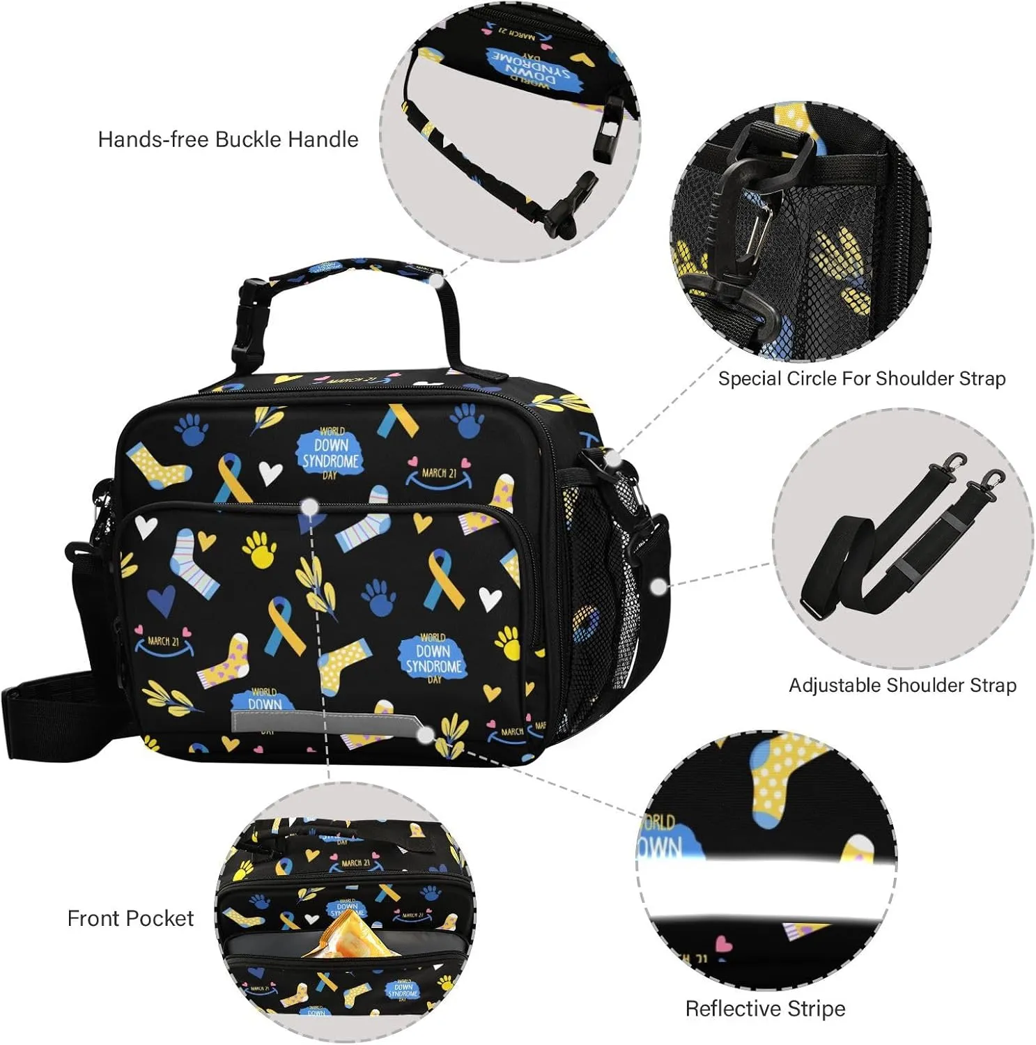 ZAZYXTJ Personalized Down Syndrome Day Awareness Lunch Box Insulated Lunch Bag for School Teens Students Boys Girls With Adjustable Shoulder Belt and Buckle Handle for Women Men