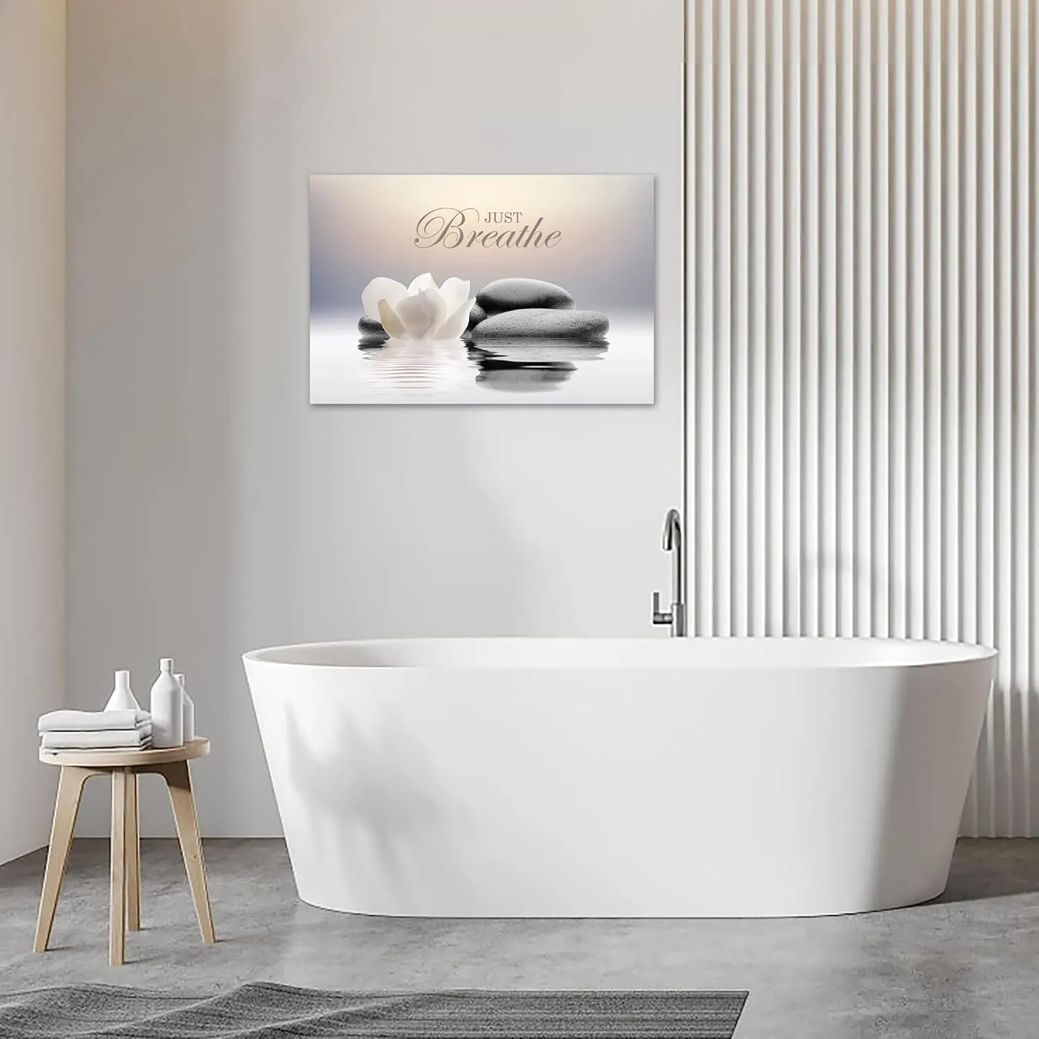 Zen Stone Canvas Wall Art Just Breathe Yoga Quotes Poster for Spa Decor White Lotus Flower Pictures Prints for Bathroom Modern Spiritual Artwork Framed (12 x 16inches)