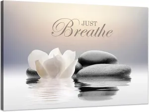 Zen Stone Canvas Wall Art Just Breathe Yoga Quotes Poster for Spa Decor White Lotus Flower Pictures Prints for Bathroom Modern Spiritual Artwork Framed (12 x 16inches)