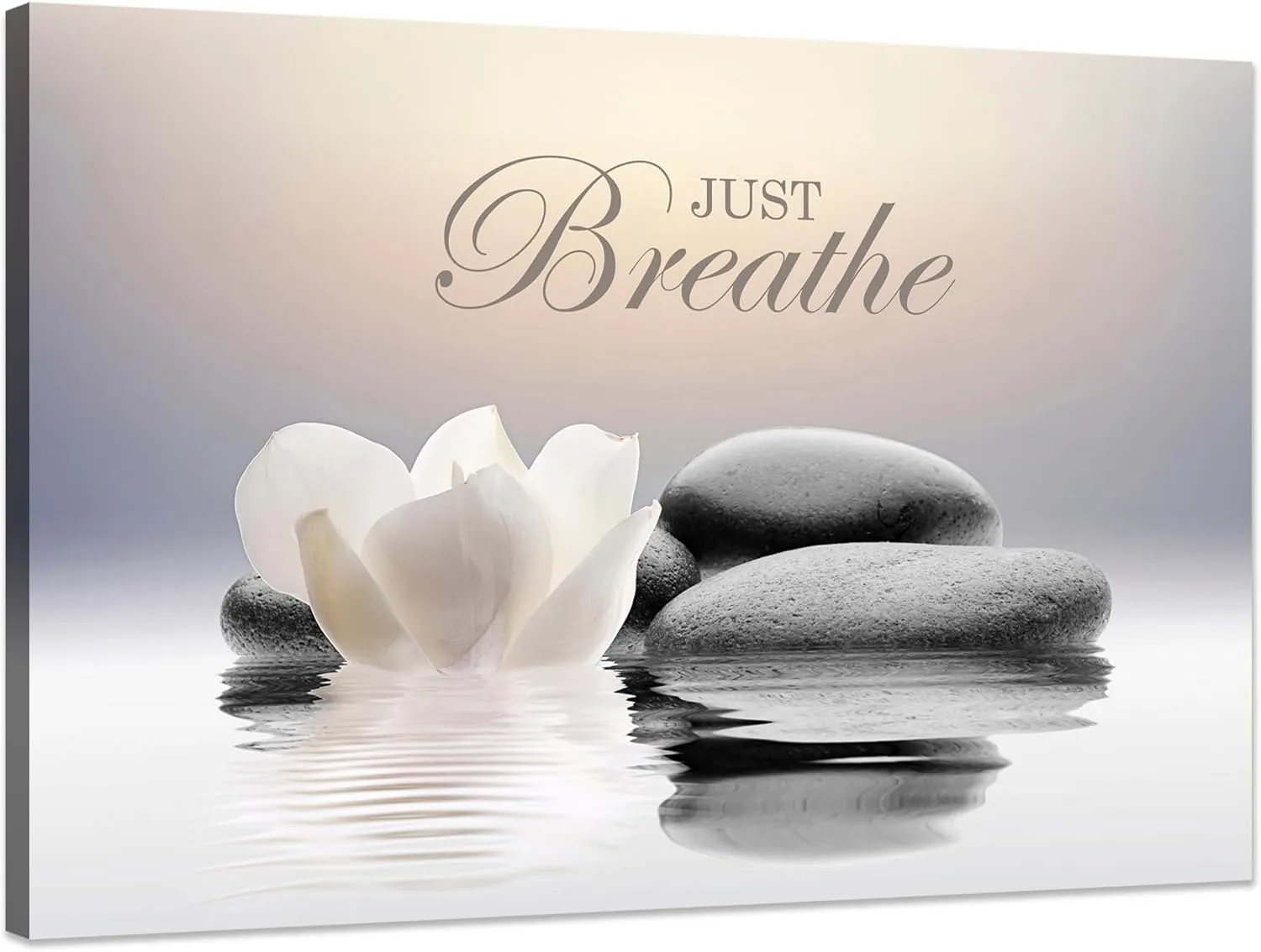 Zen Stone Canvas Wall Art Just Breathe Yoga Quotes Poster for Spa Decor White Lotus Flower Pictures Prints for Bathroom Modern Spiritual Artwork Framed (12 x 16inches)