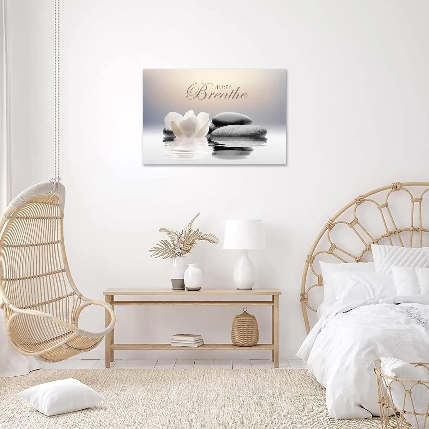 Zen Stone Canvas Wall Art Just Breathe Yoga Quotes Poster for Spa Decor White Lotus Flower Pictures Prints for Bathroom Modern Spiritual Artwork Framed (12 x 16inches)