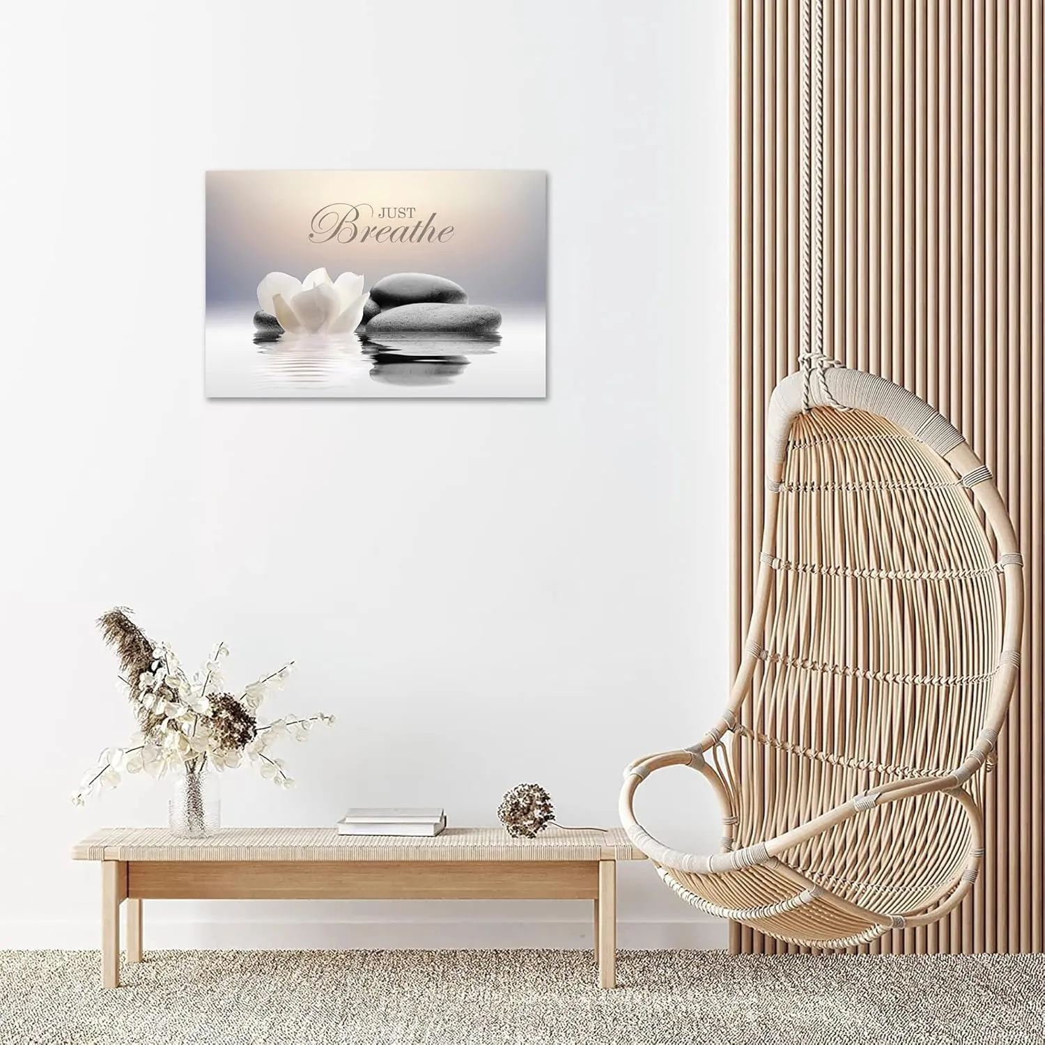Zen Stone Canvas Wall Art Just Breathe Yoga Quotes Poster for Spa Decor White Lotus Flower Pictures Prints for Bathroom Modern Spiritual Artwork Framed (12 x 16inches)