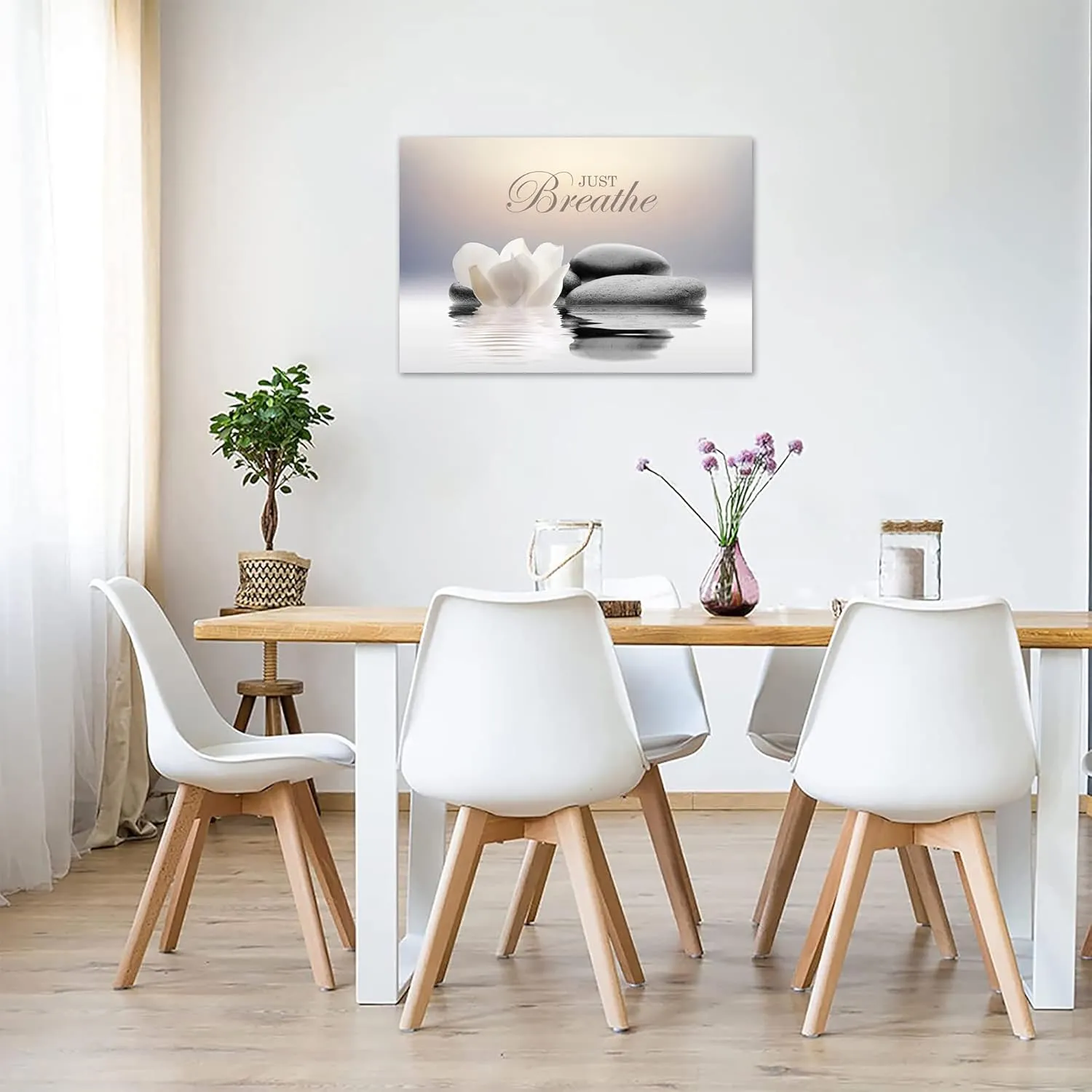 Zen Stone Canvas Wall Art Just Breathe Yoga Quotes Poster for Spa Decor White Lotus Flower Pictures Prints for Bathroom Modern Spiritual Artwork Framed (12 x 16inches)