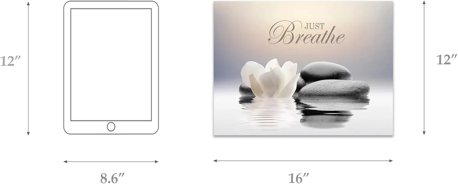 Zen Stone Canvas Wall Art Just Breathe Yoga Quotes Poster for Spa Decor White Lotus Flower Pictures Prints for Bathroom Modern Spiritual Artwork Framed (12 x 16inches)