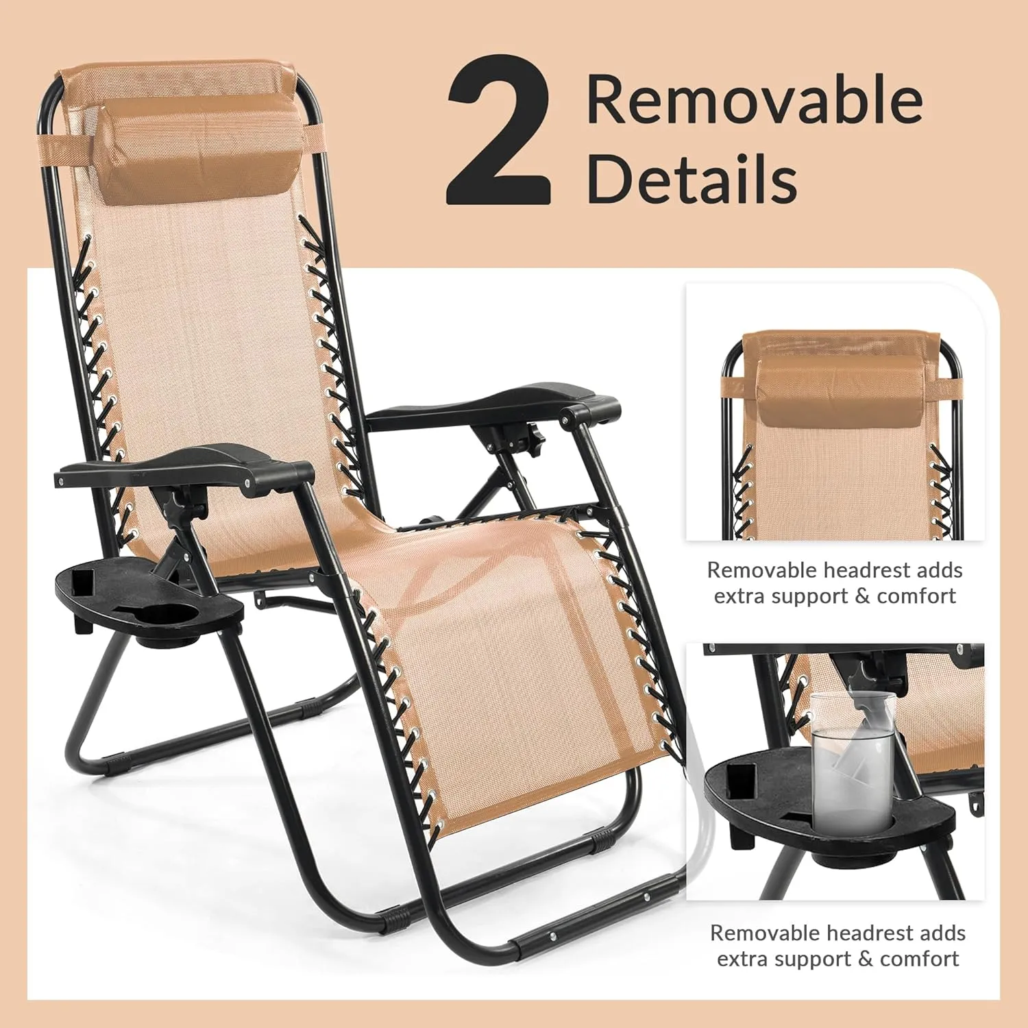 Zero Gravity Chair Set of 2 with Cup Holder & Removable Pillows, Adjustable Reclining Outdoor Patio Folding Chairs Portable Lounge Chair Furniture for Poolside, Lawn, Beach, Camping, Beige