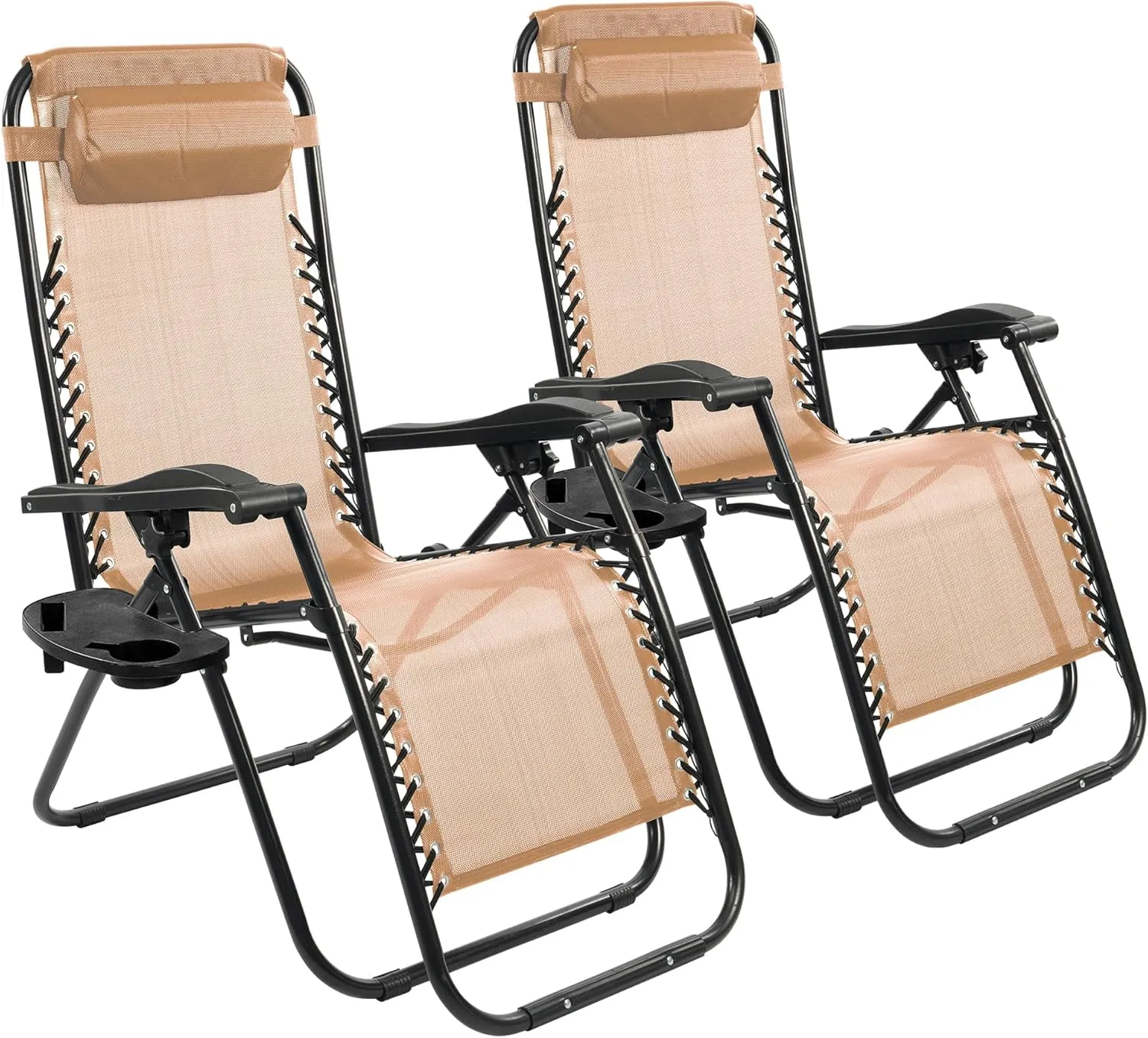 Zero Gravity Chair Set of 2 with Cup Holder & Removable Pillows, Adjustable Reclining Outdoor Patio Folding Chairs Portable Lounge Chair Furniture for Poolside, Lawn, Beach, Camping, Beige