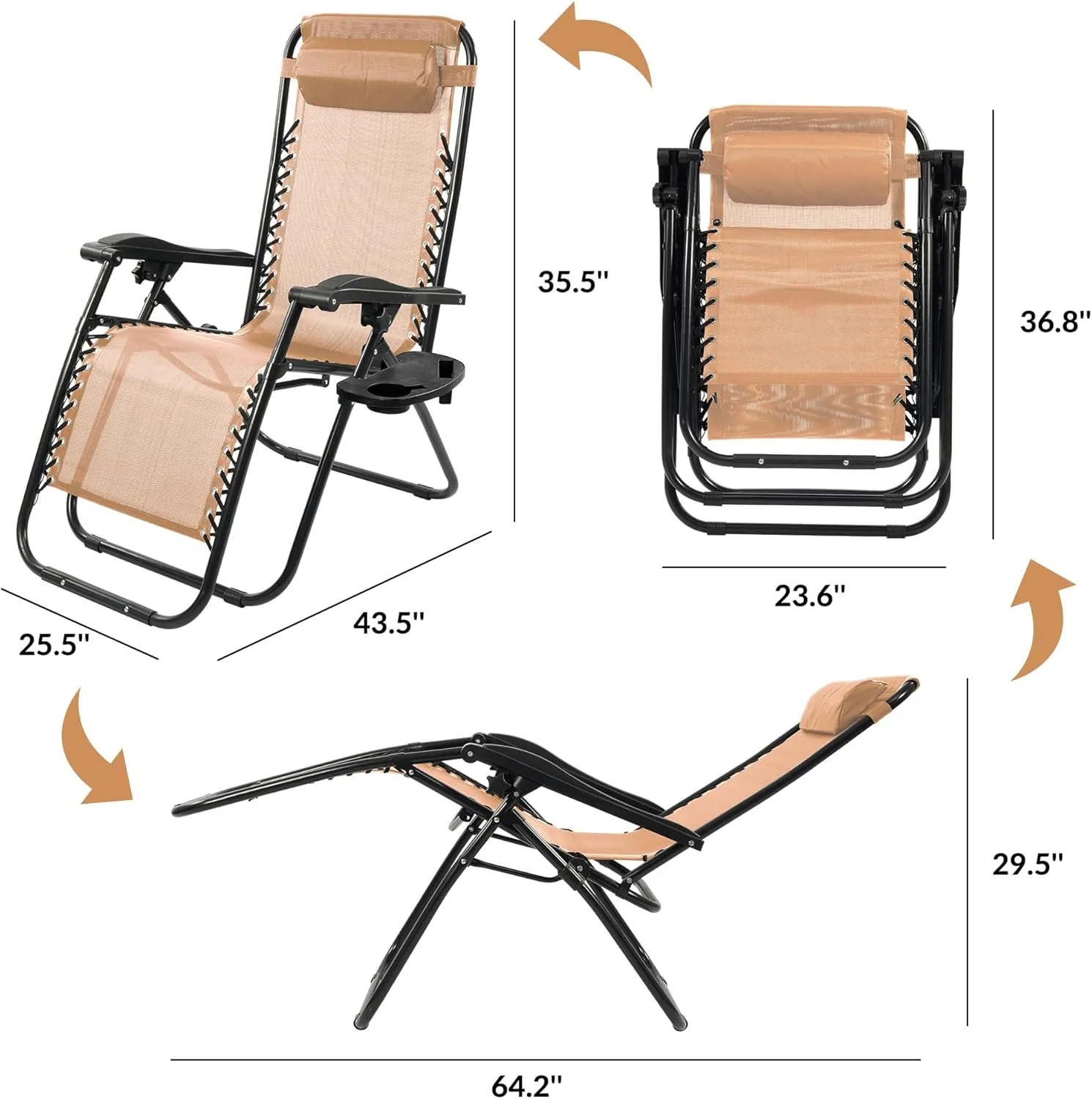 Zero Gravity Chair Set of 2 with Cup Holder & Removable Pillows, Adjustable Reclining Outdoor Patio Folding Chairs Portable Lounge Chair Furniture for Poolside, Lawn, Beach, Camping, Beige