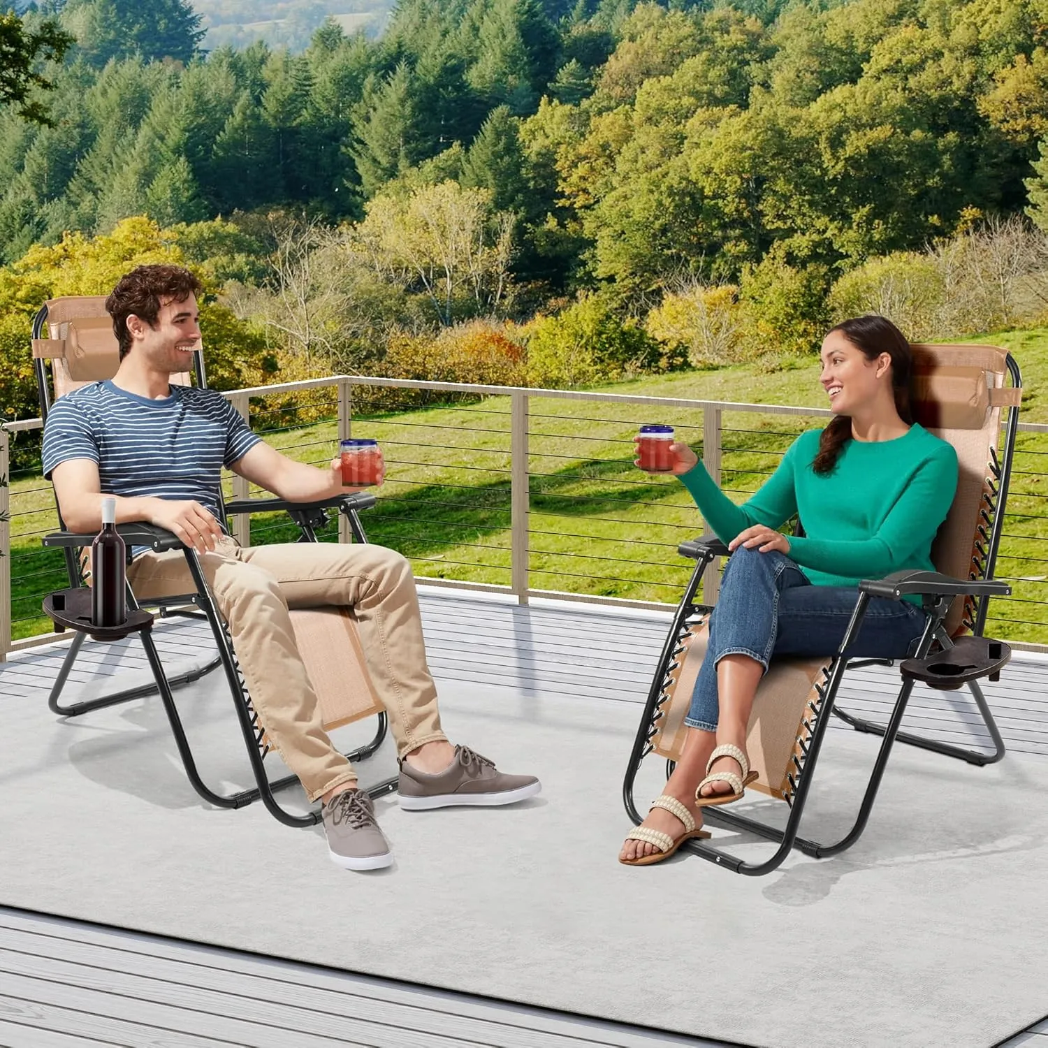 Zero Gravity Chair Set of 2 with Cup Holder & Removable Pillows, Adjustable Reclining Outdoor Patio Folding Chairs Portable Lounge Chair Furniture for Poolside, Lawn, Beach, Camping, Beige