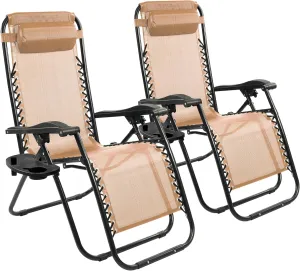 Zero Gravity Chair Set of 2 with Cup Holder & Removable Pillows, Adjustable Reclining Outdoor Patio Folding Chairs Portable Lounge Chair Furniture for Poolside, Lawn, Beach, Camping, Beige