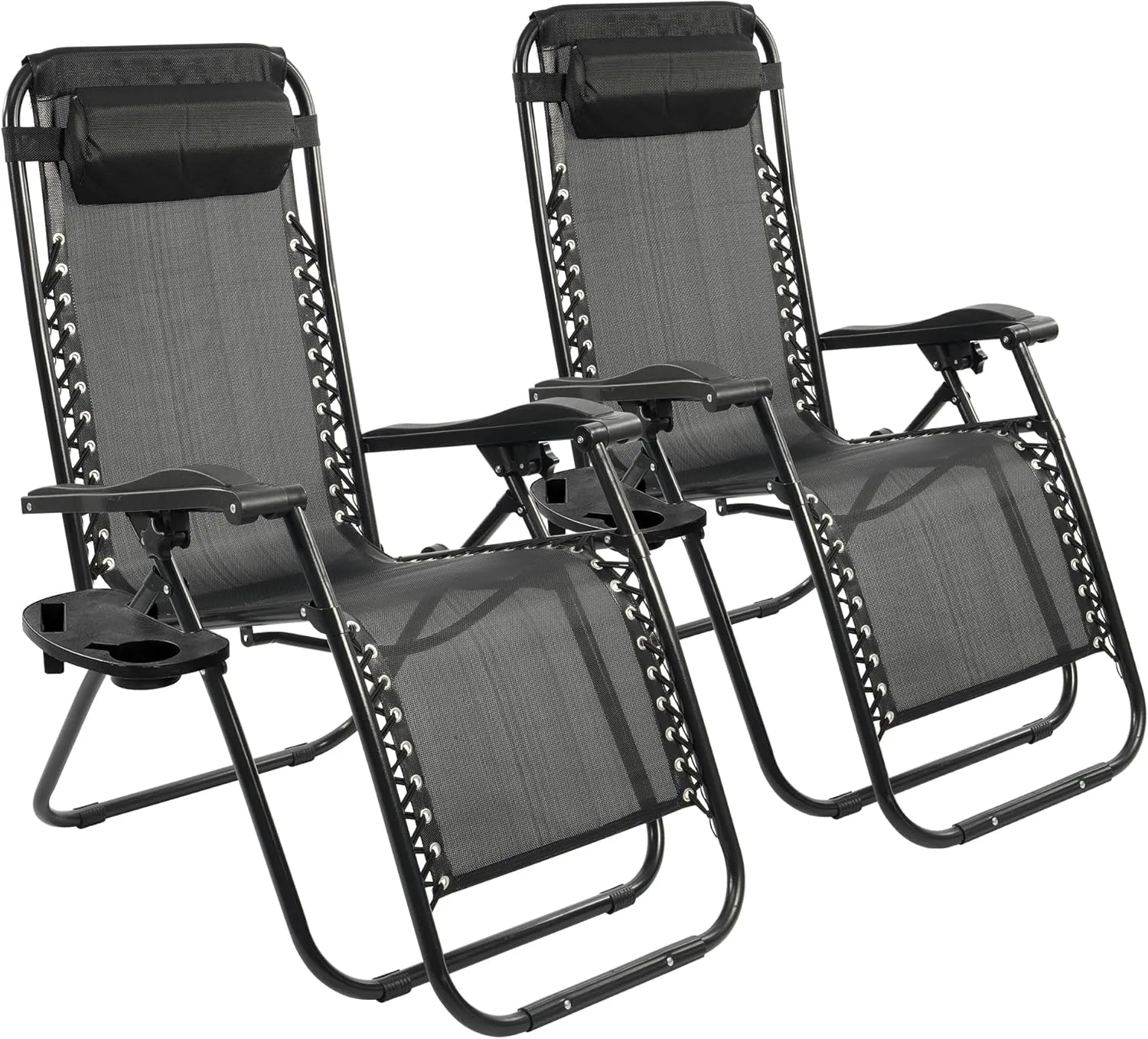Zero Gravity Chair Set of 2 with Cup Holder & Removable Pillows, Adjustable Reclining Outdoor Patio Folding Chairs Portable Lounge Chair Furniture for Poolside, Lawn, Beach, Camping, Black