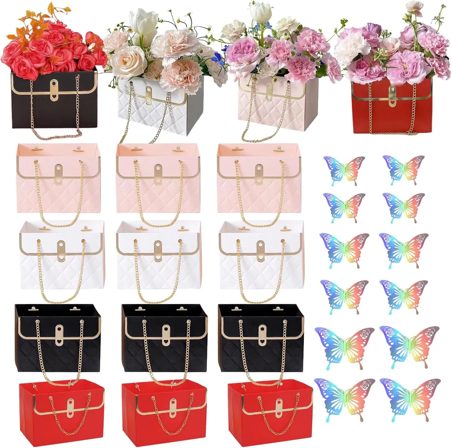 ZFCZR 12Pcs Paper Flower Bags and12Pcs 3D Silver Dazzle Butterfly Decor-Flower Gift Boxes Sets, Bouquet Bags for Arrangements Wedding Valentine's Mother's Day Birthday (Red,Black,Pink,White)