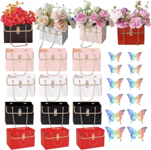 ZFCZR 12Pcs Paper Flower Bags and12Pcs 3D Silver Dazzle Butterfly Decor-Flower Gift Boxes Sets, Bouquet Bags for Arrangements Wedding Valentine's Mother's Day Birthday (Red,Black,Pink,White)