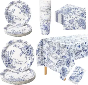 Zhehao 127 Pcs Blue and White Floral Disposable Tableware Set Serves 25 Guests Chinoiserie Floral Paper Plates Napkins Cups Tablecloth Flower Dinnerware for Bridal Shower Wedding Party Decorations
