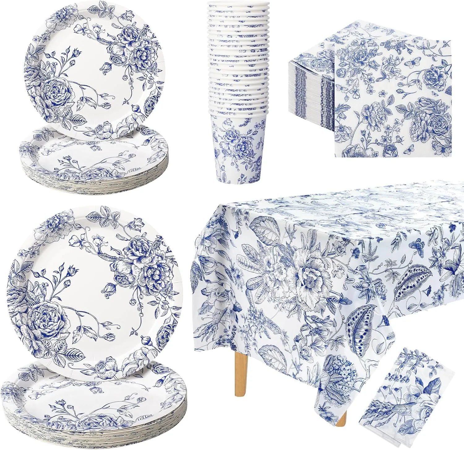 Zhehao 127 Pcs Blue and White Floral Disposable Tableware Set Serves 25 Guests Chinoiserie Floral Paper Plates Napkins Cups Tablecloth Flower Dinnerware for Bridal Shower Wedding Party Decorations