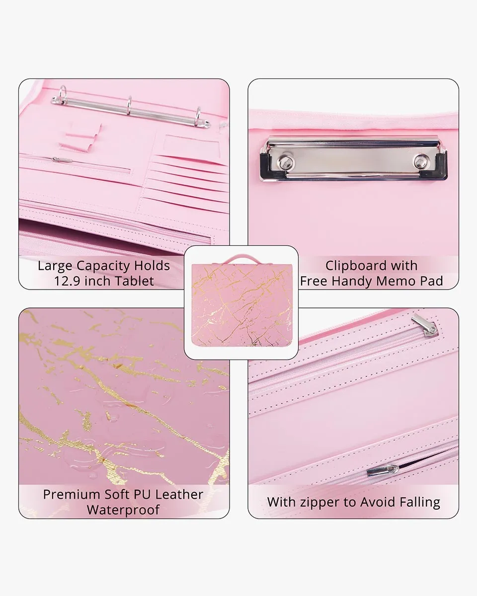Zippered Marble Leather Padfolio Portfolio with Hidden Handle Business Organizer Notepad Folder - 2 Colors Available