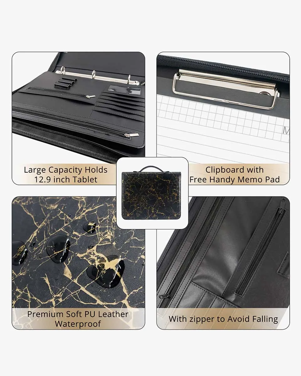 Zippered Marble Leather Padfolio Portfolio with Hidden Handle Business Organizer Notepad Folder - 2 Colors Available