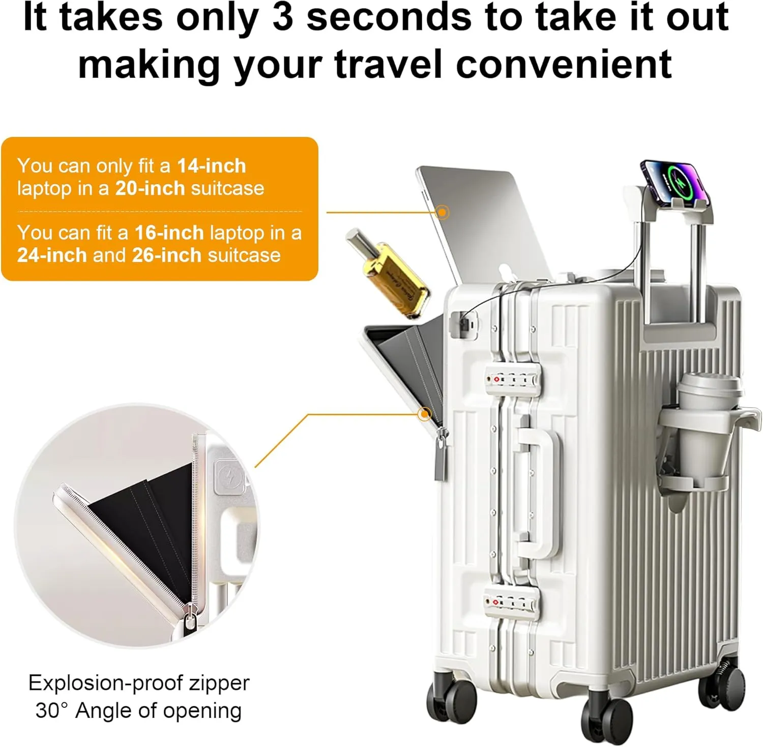 Zipperless Luggage, Polycarbonate Aluminum Hard Shell, Expandable Carry-On Suitcase with Spinner Wheels, Hard Shell Suitcase, 20 Inch Cabin