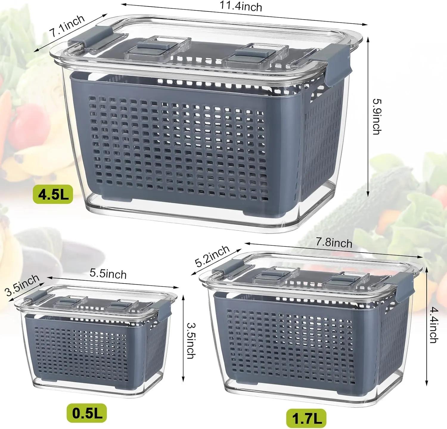 Zopeal 6 Pack Fruit Storage Containers for Fridge Produce Saver Containers for Refrigerator Fruit for Fridge Keep Fresh with Lids Colander and Dividers for Salad Berry Vegetable(Gray)