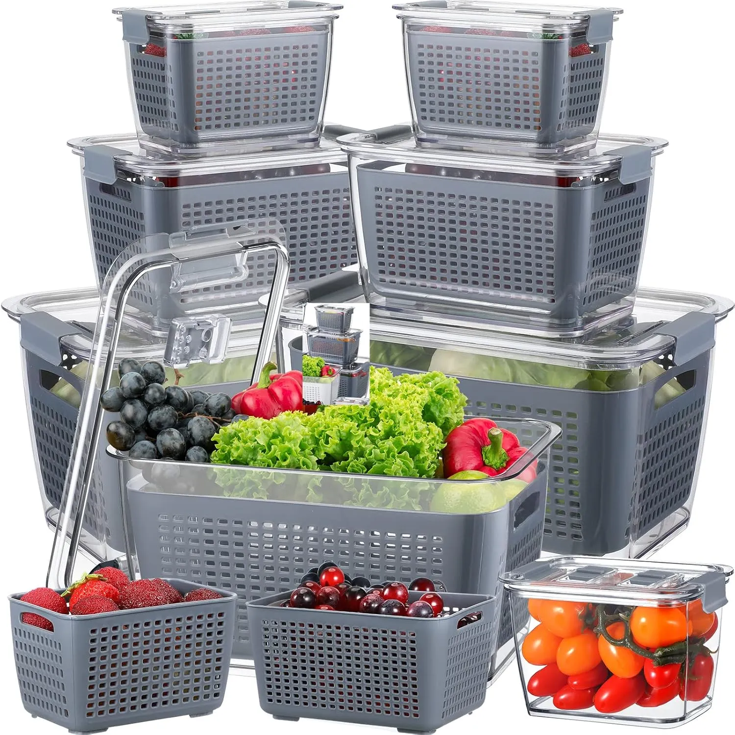 Zopeal 6 Pack Fruit Storage Containers for Fridge Produce Saver Containers for Refrigerator Fruit for Fridge Keep Fresh with Lids Colander and Dividers for Salad Berry Vegetable(Gray)