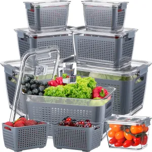 Zopeal 6 Pack Fruit Storage Containers for Fridge Produce Saver Containers for Refrigerator Fruit for Fridge Keep Fresh with Lids Colander and Dividers for Salad Berry Vegetable(Gray)